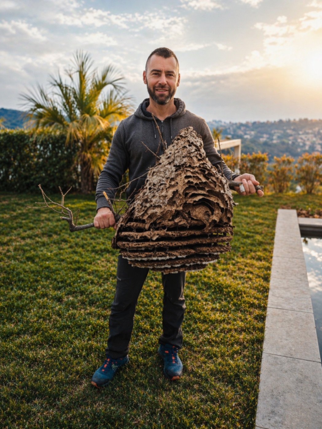 Jonathan Gallice devant un nid de frelons au coucher du soleil